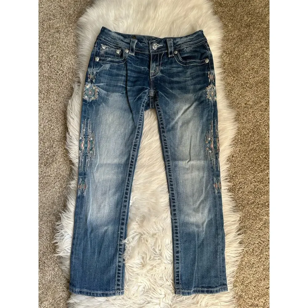 Y2K Miss Me Cropped Embellished Embroidered Denim Jeans